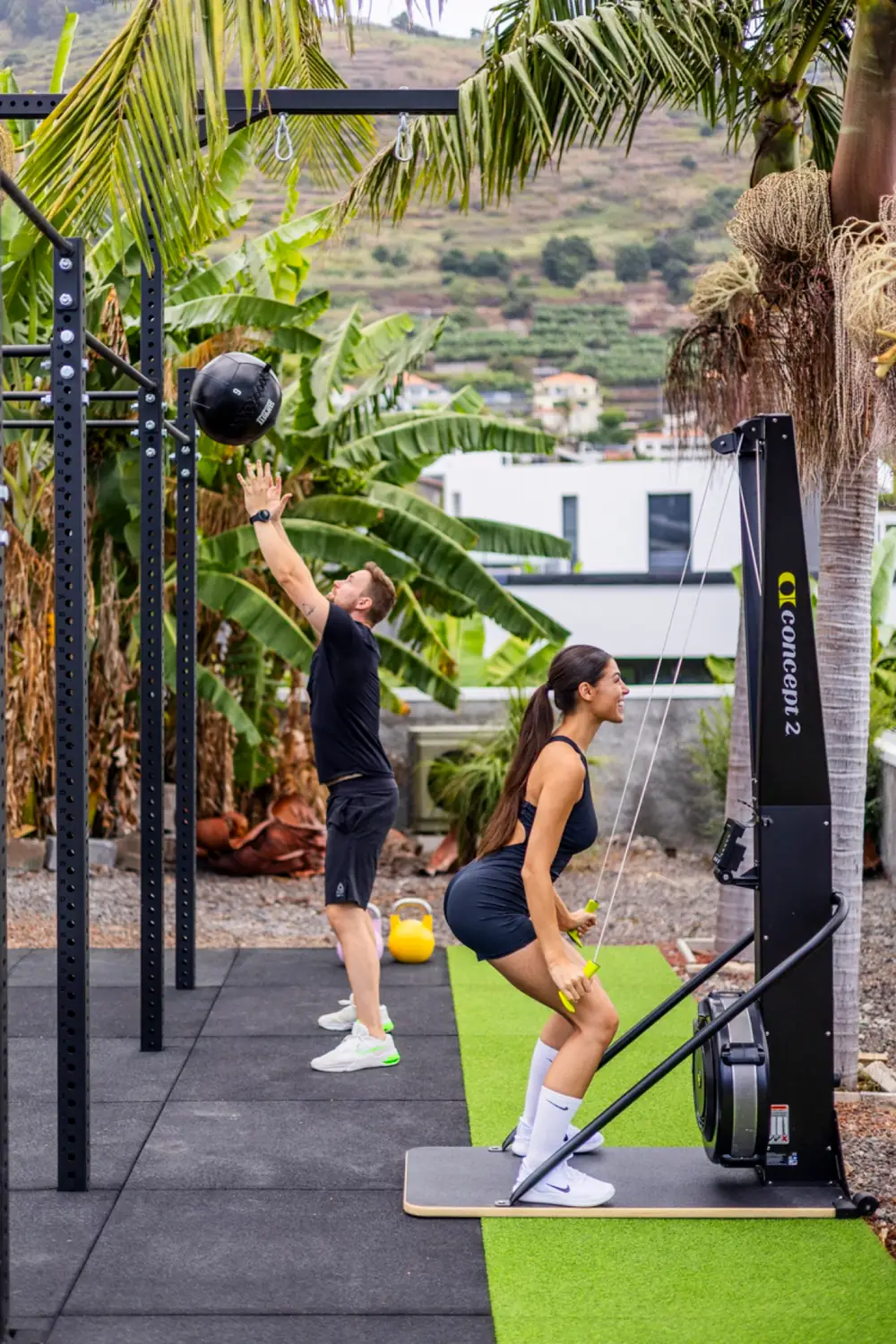 Training in the outdoor gym under the palm trees