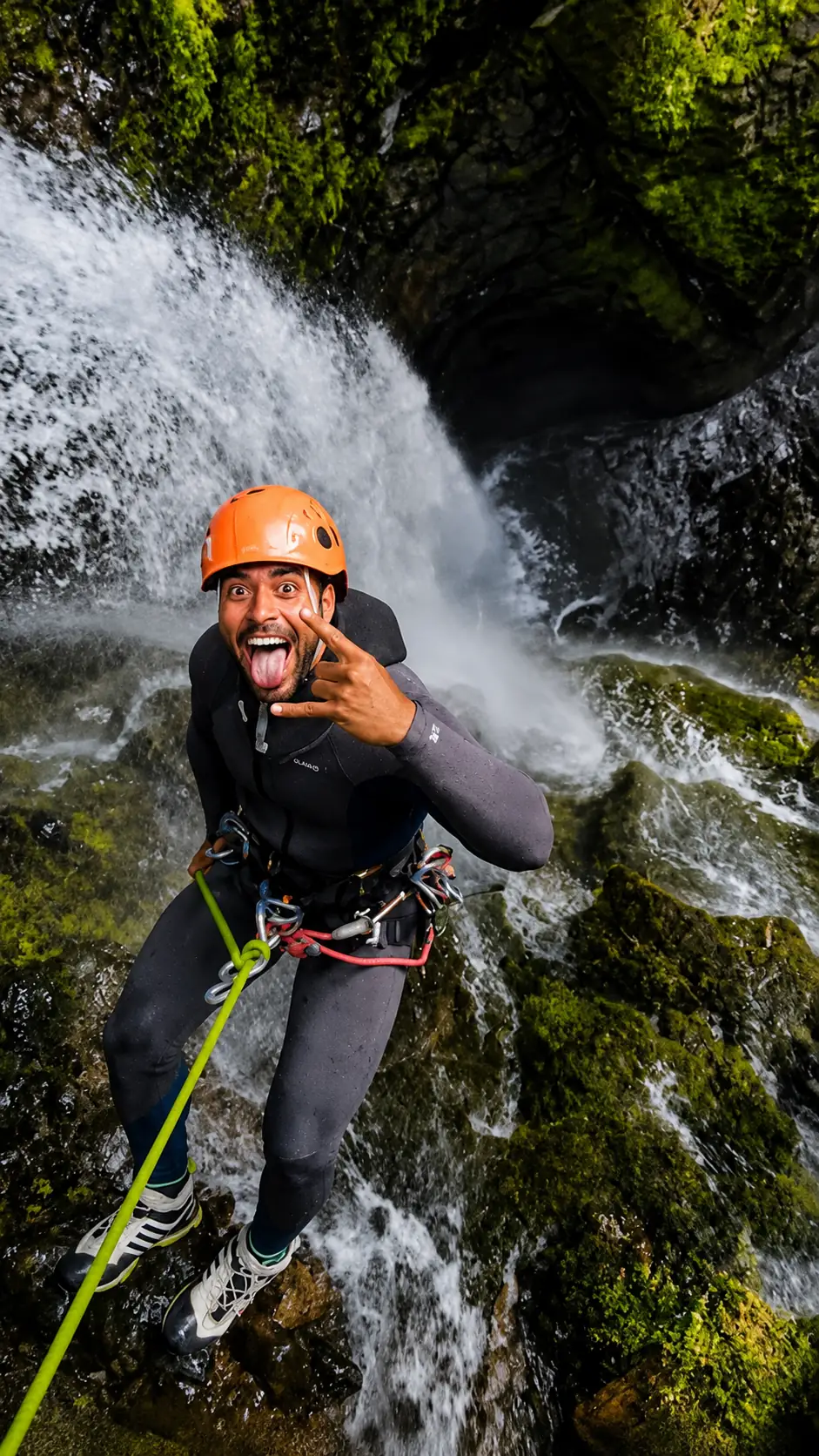 Abseiling beside a waterfall while canyoning