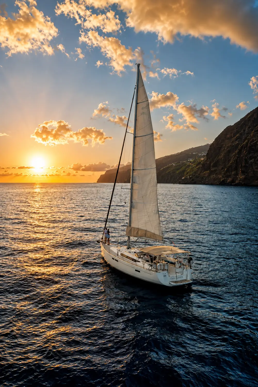 Yacht under sail off Madeira at sunset
