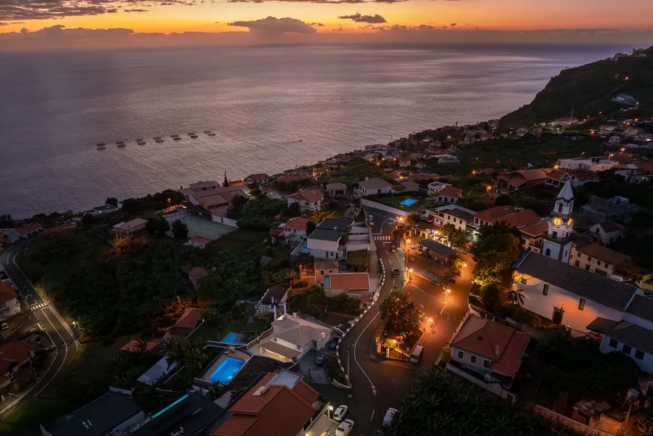 Arco da Calheta at dusk with the Atlantic coastline, Madeira