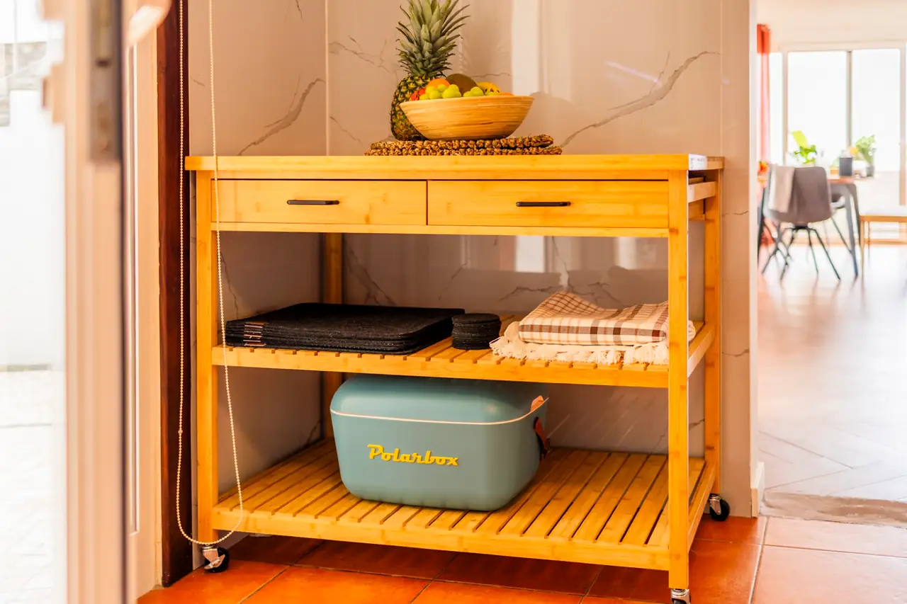 Wooden serving trolley with cool box and fresh fruit, Villa Crossdeira