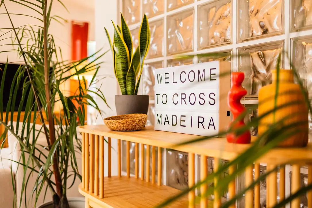 "Welcome to Crossdeira" light box in the entrance hall, Villa Crossdeira